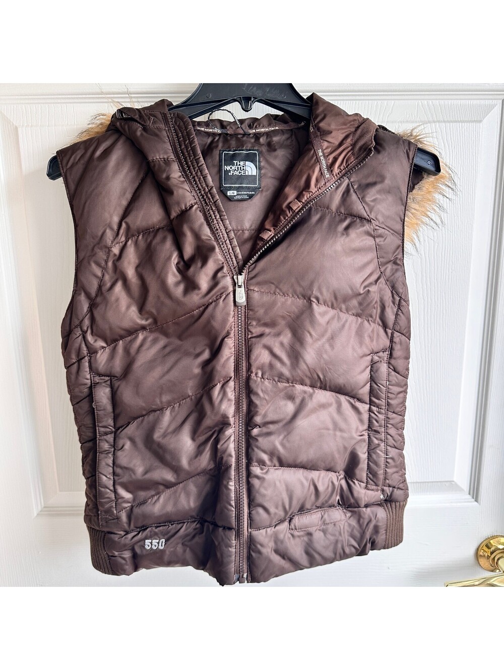 The North Face Women's Brown Puffer Vest with Faux Fur Hood, Size Large